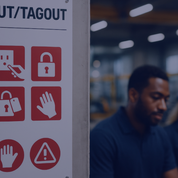 Employee reviewing lockout/tagout safety procedures on the shop floor